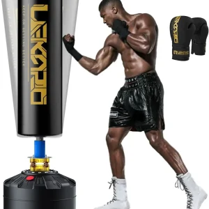 Standing boxing post with gloves,